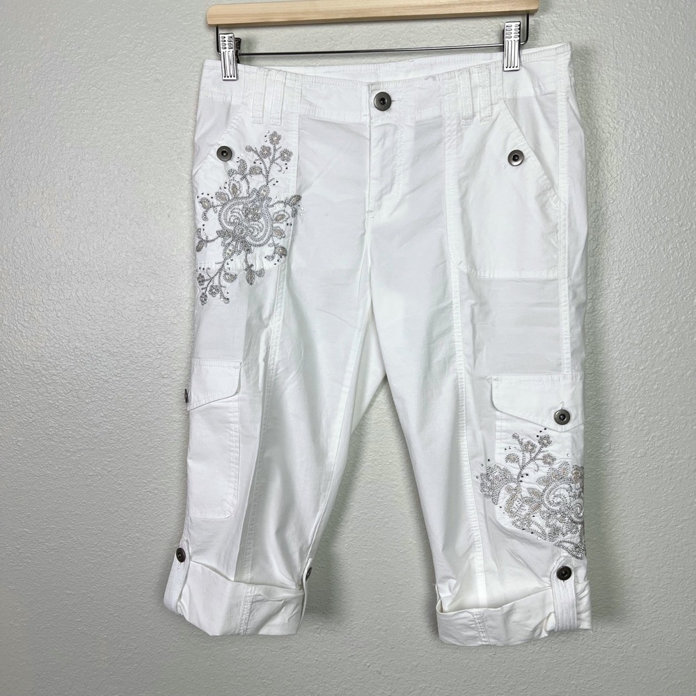INC International Concepts White Embroidered Rhinestone Cargo Capri Pants 6